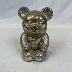 Vintage 5" Silver Teddy Bear Piggy Coin Bank w/ Stopper Made in Japan